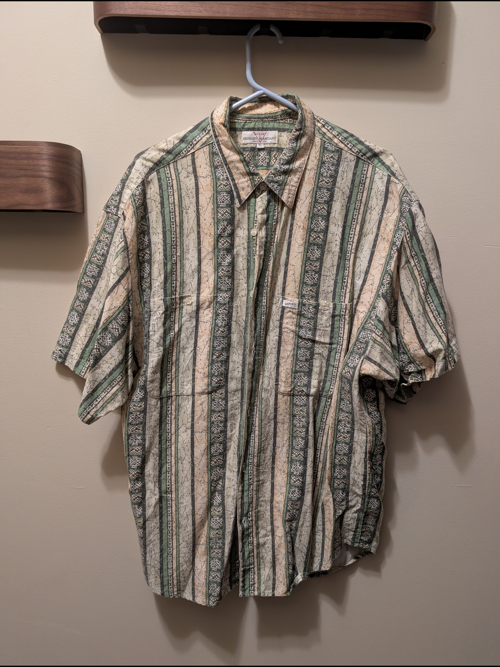 Guess Green and Cream Vertical Stripe Button-Down Shirt (Vintage)